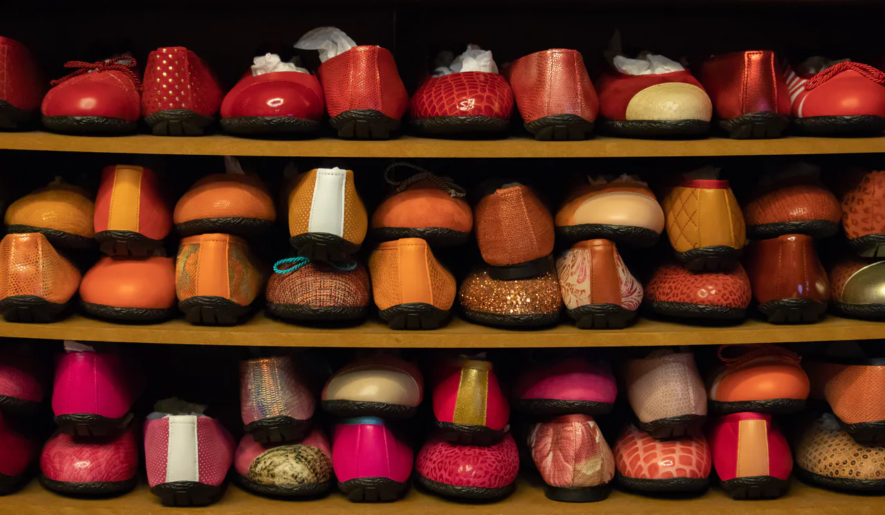 Colorful shoes displayed in a shoe shop on Las Ramblas in Barcelona