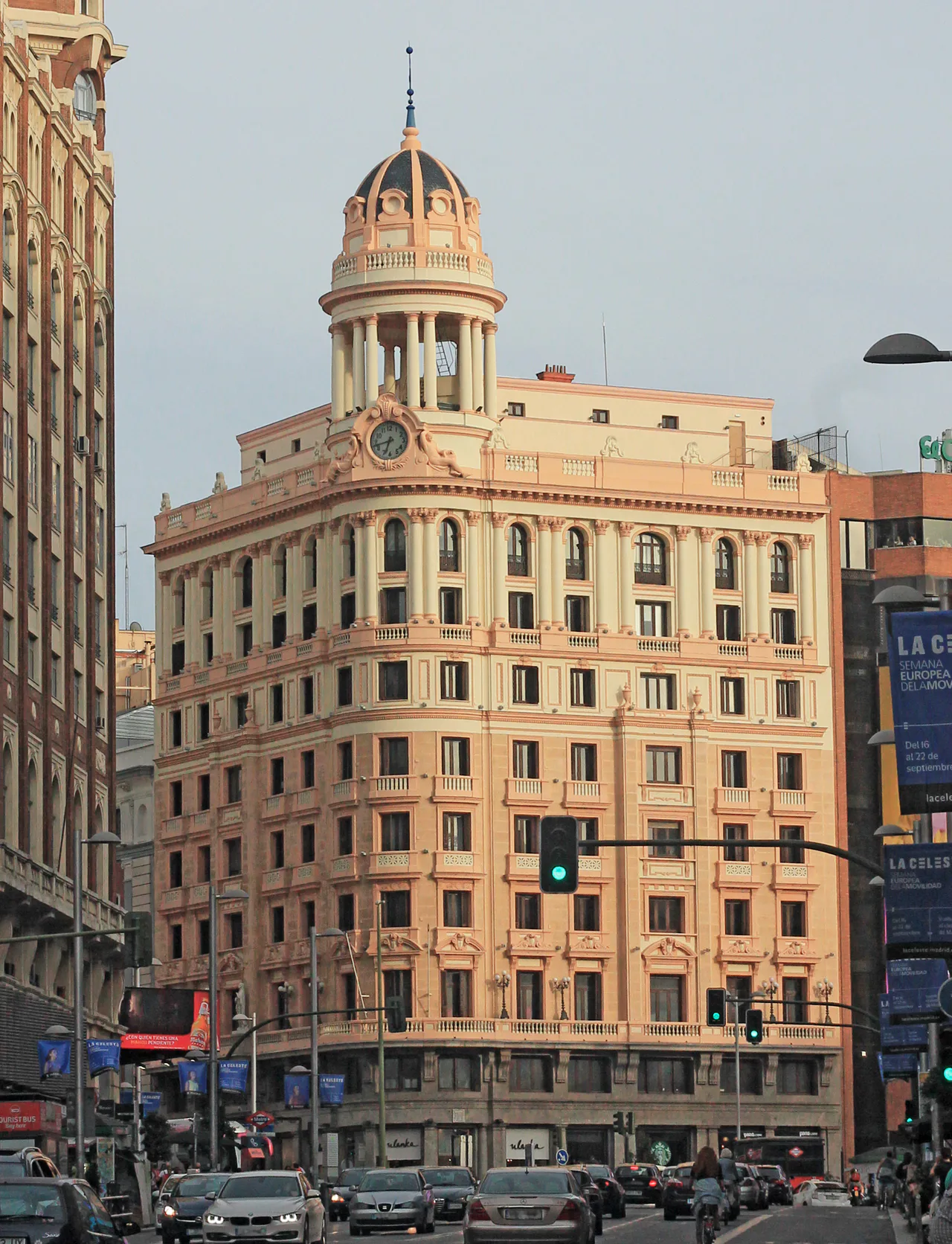 Facade and tower of the La Adriática building on Madrid's Gran Vía