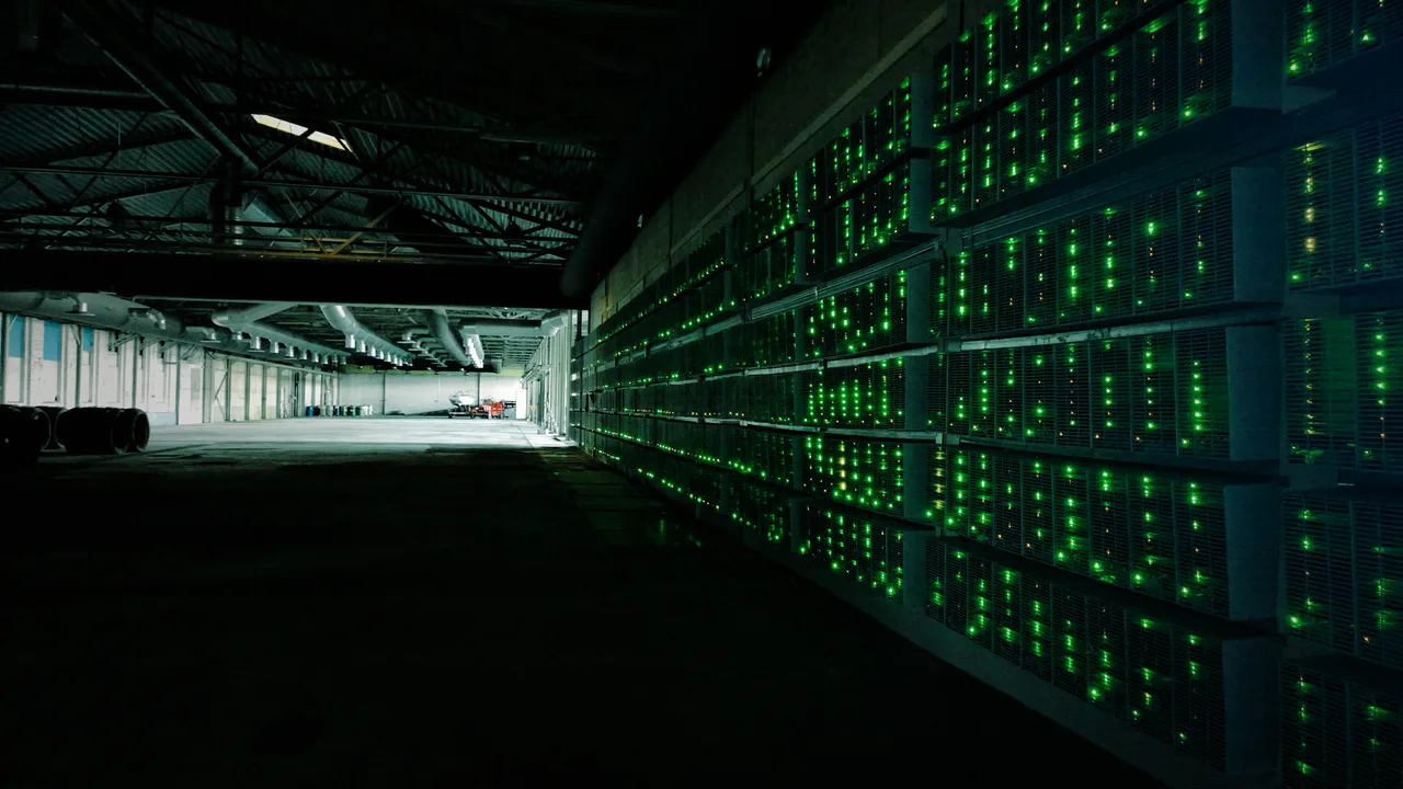 Rows of illuminated Bitcoin mining equipment inside an industrial building.
