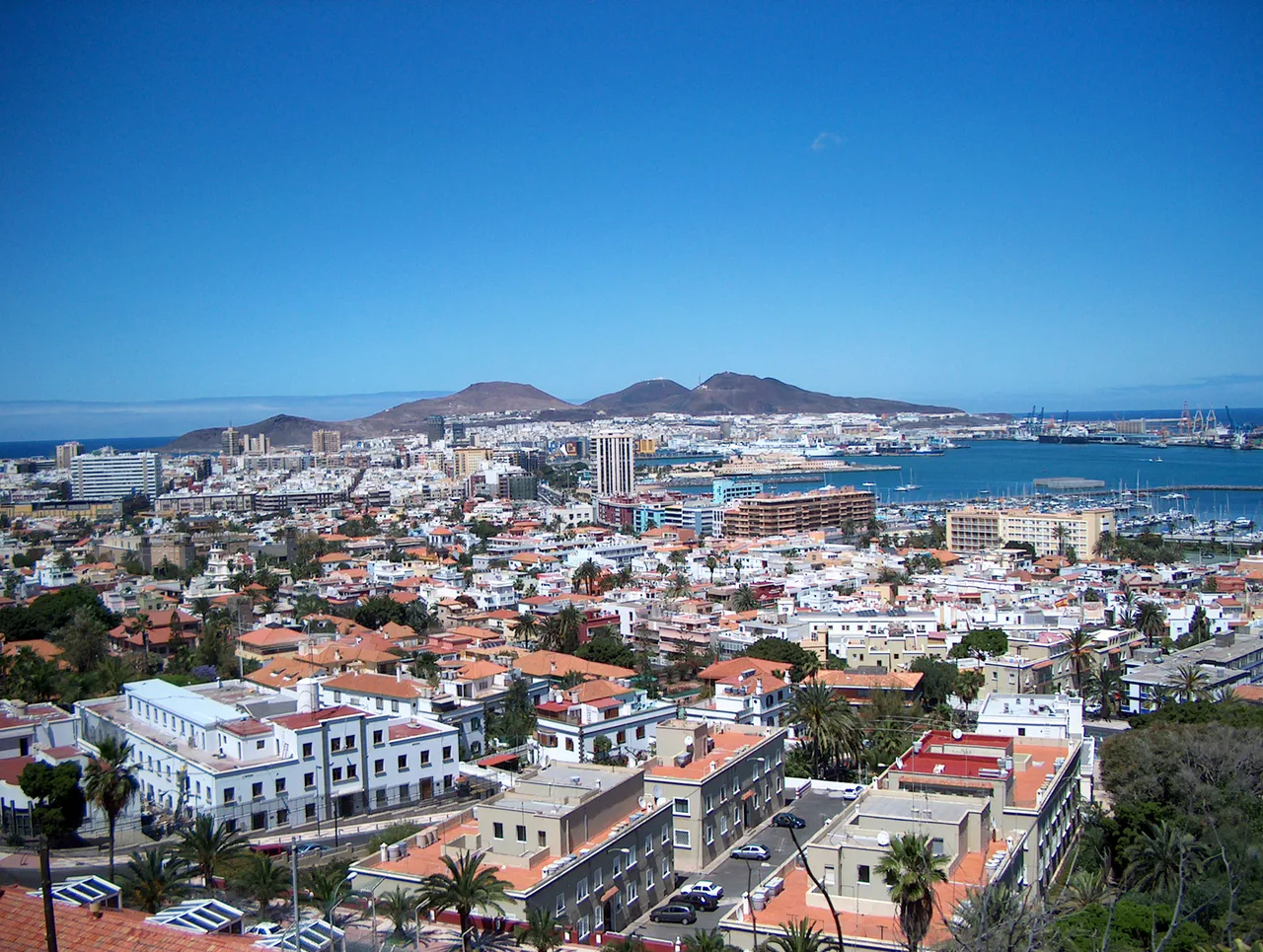 Houses and buildings in Las Palmas de Gran Canaria, with the harbour in the background