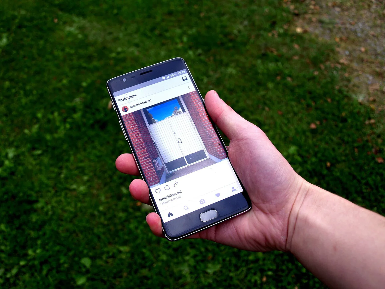 A hand holds a phone showing an Instagram post against a grass background.