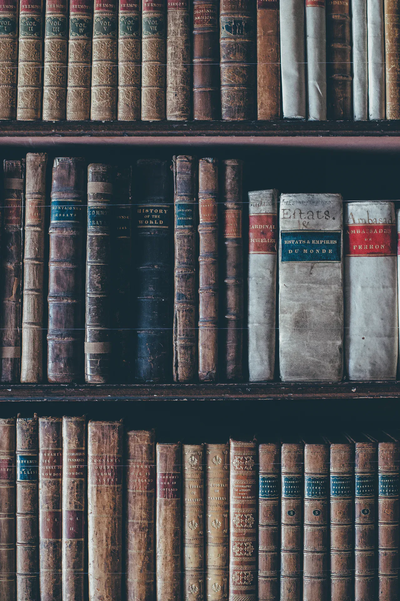 Libros y enciclopedias antiguos con lomos de cuero desgastados en una estantería de madera